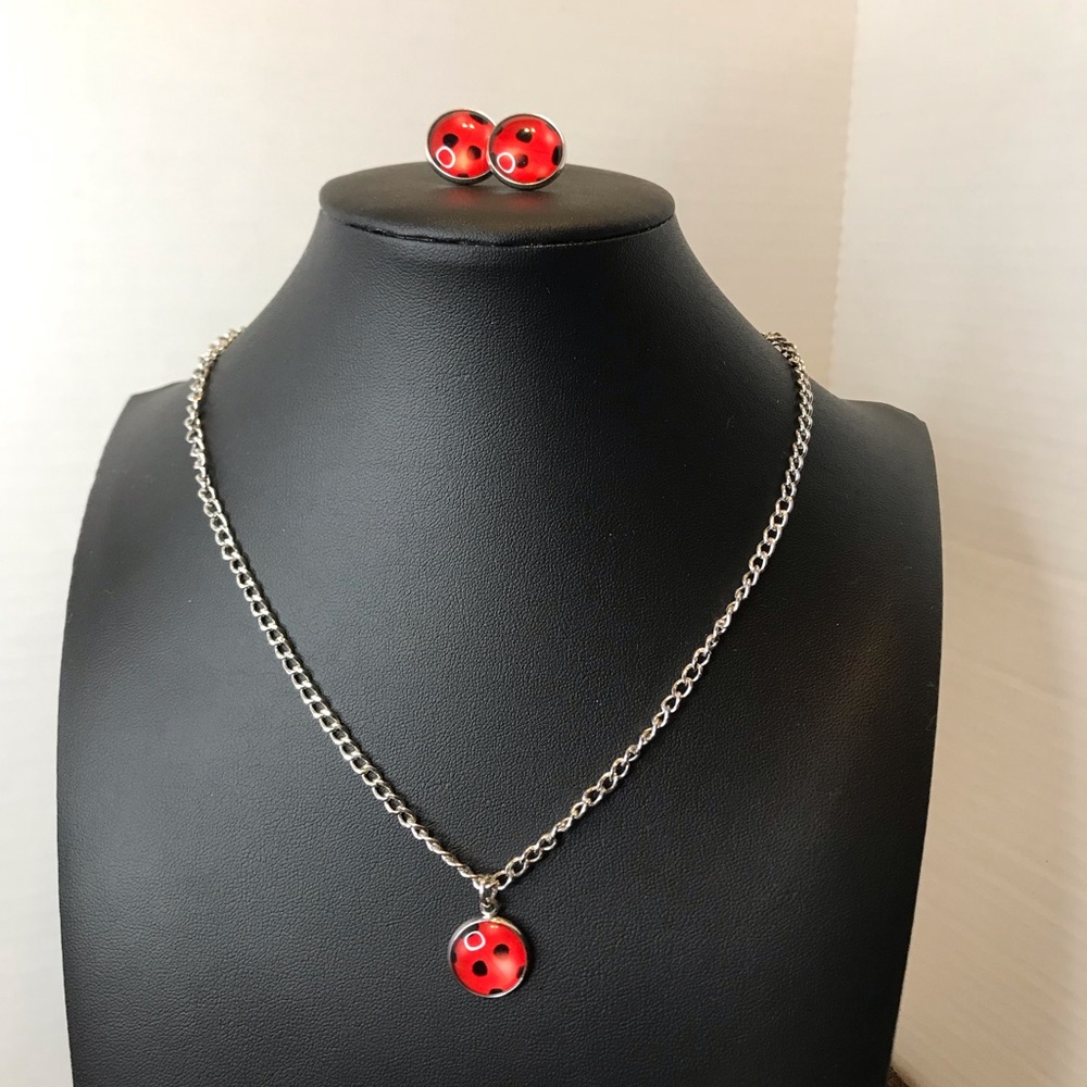 Ladybugs insect design Red with black dots necklace and earrings set